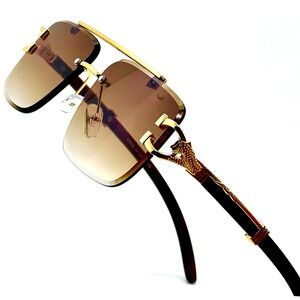 Square Men Sunglasses Rimless Brown‎ Lens Wood Grain Legs Fashion Hip Hop Retro